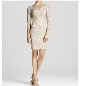Sue Wong New Lace V Neck Three Quarter Sleeve Lined Beige Cocktail Sheath Dress